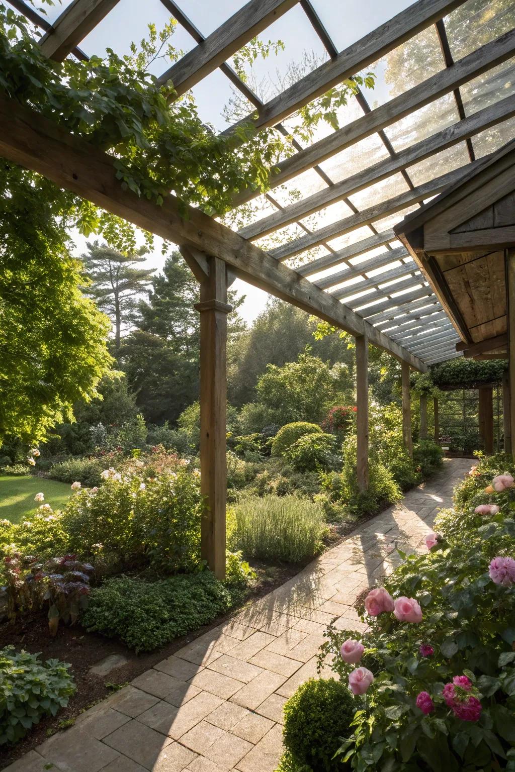 A pergola with a glass roof brings natural light into a cozy garden setting.