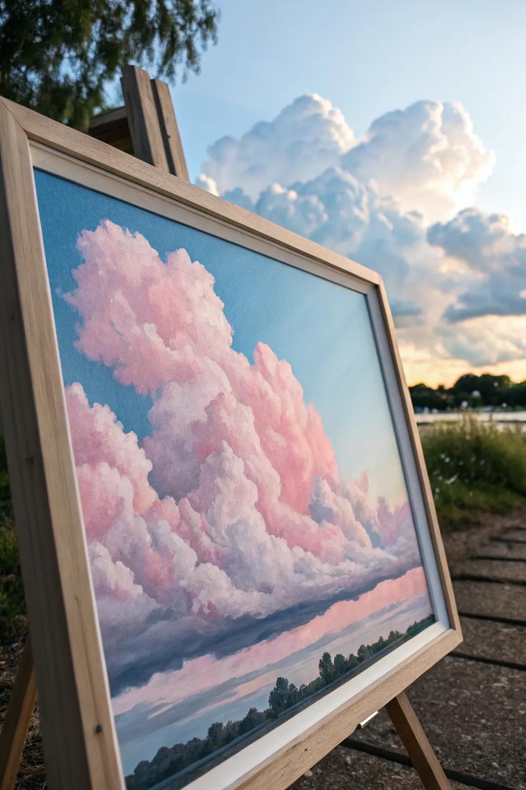 Whimsical painting of fluffy pink clouds.