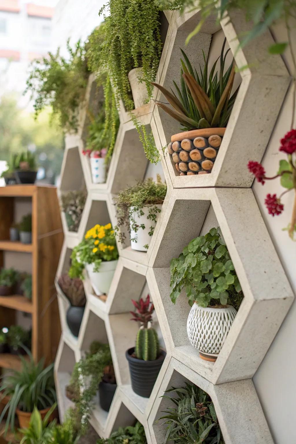 Geometric elegance with hexagonal plant shelves.