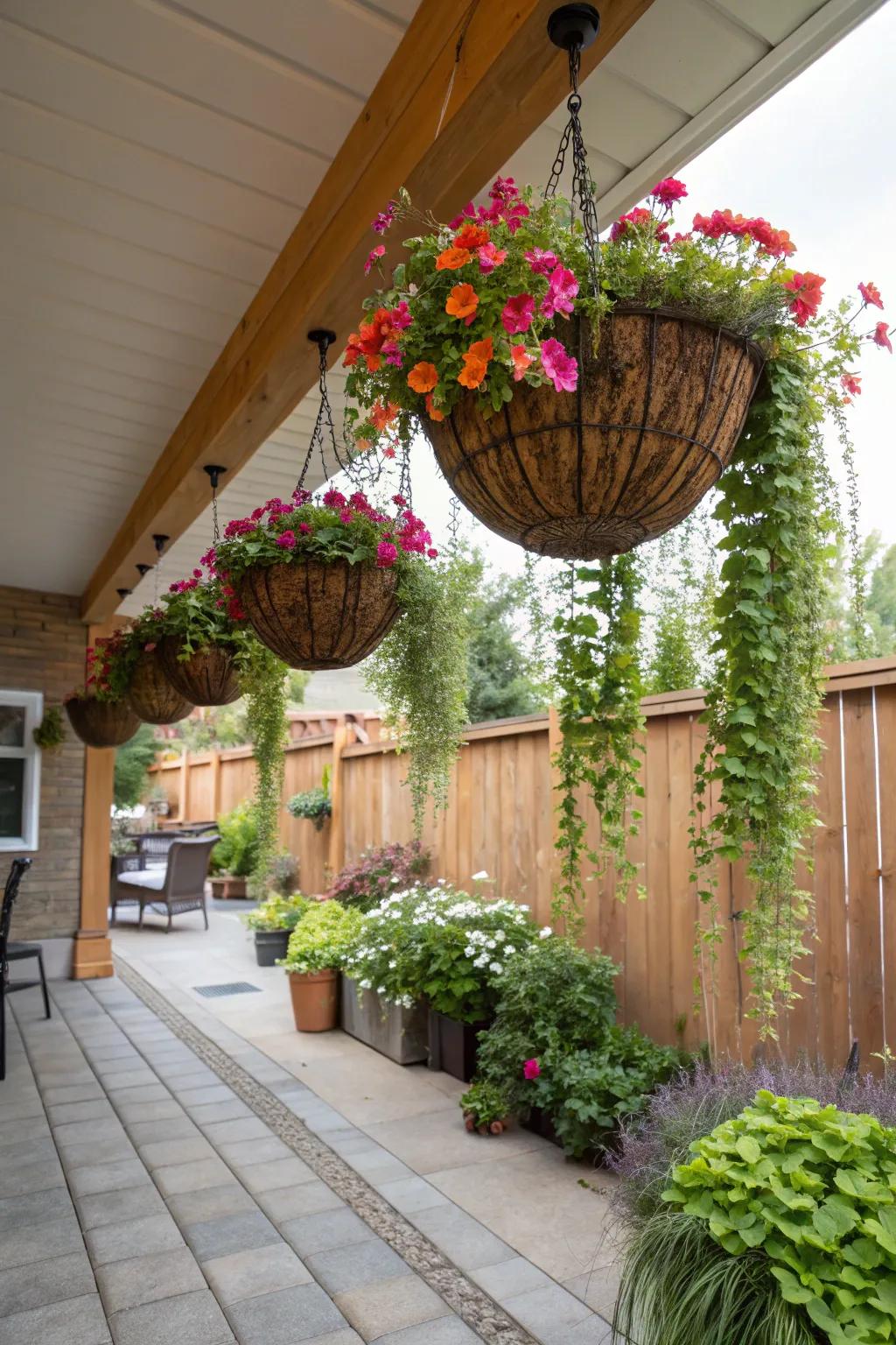 Elevate your patio with hanging basket arrangements.