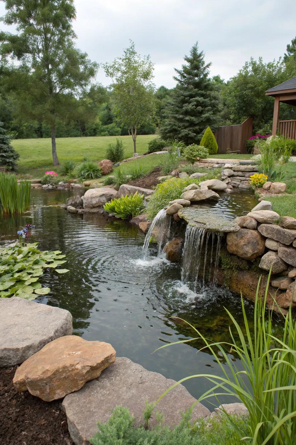 A pond enhanced by a charming waterfall feature.