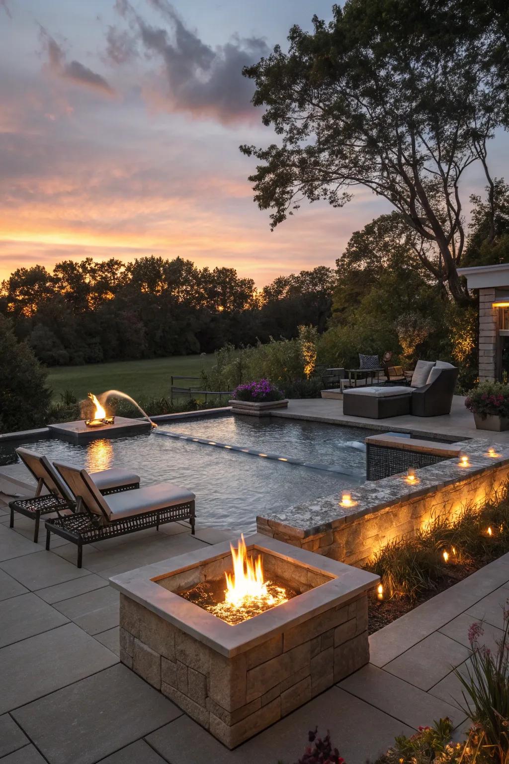 Create a dramatic ambiance with fire pits and water features in your pool area.