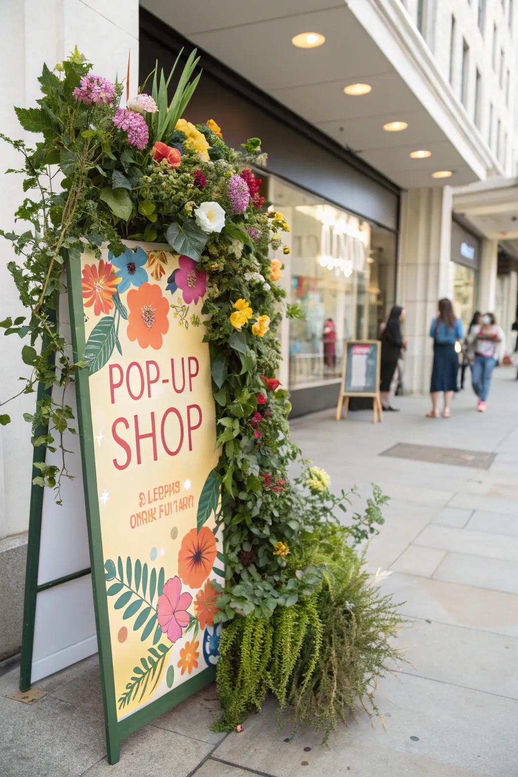 A pop-up sign enhanced by fresh botanical accents, creating a warm ambiance.