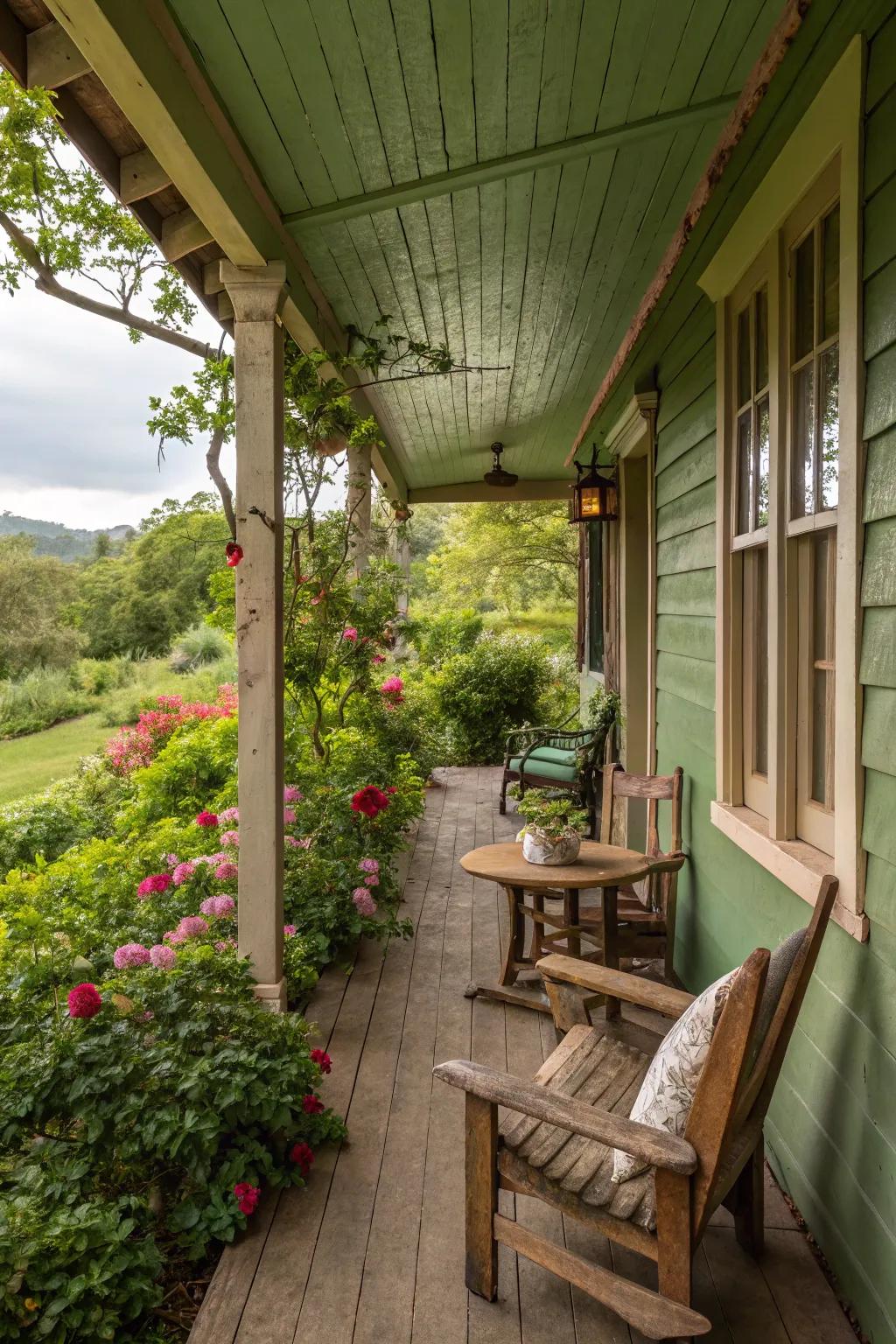 An earthy green porch that harmonizes beautifully with the natural surroundings.