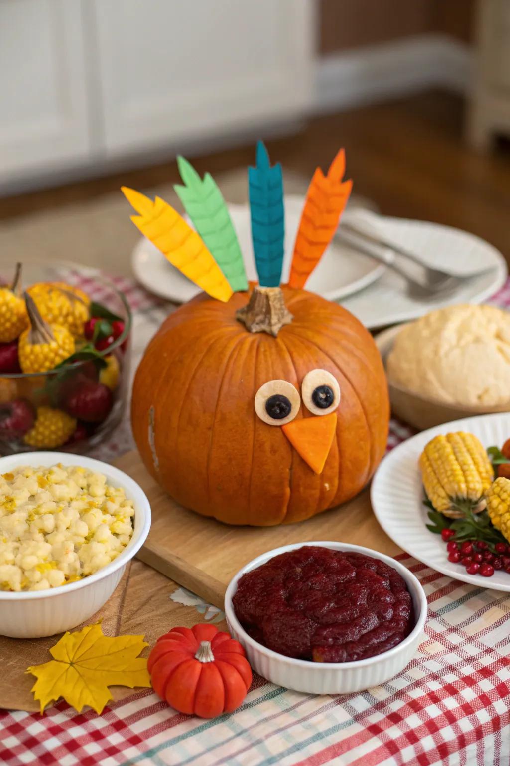 A turkey-themed pumpkin that's perfect for Thanksgiving decor.