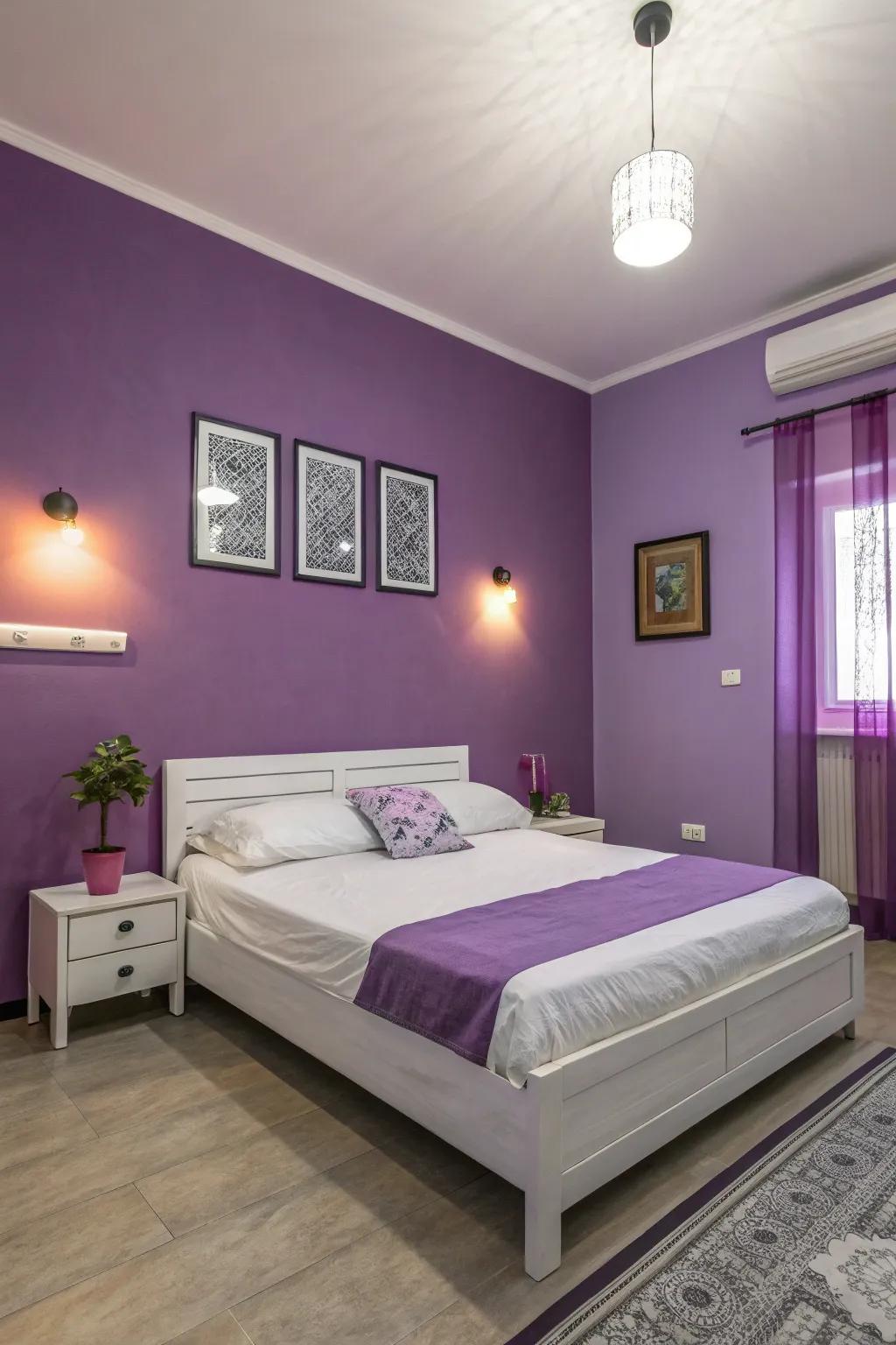 A modern bedroom with sleek furniture against purple walls.