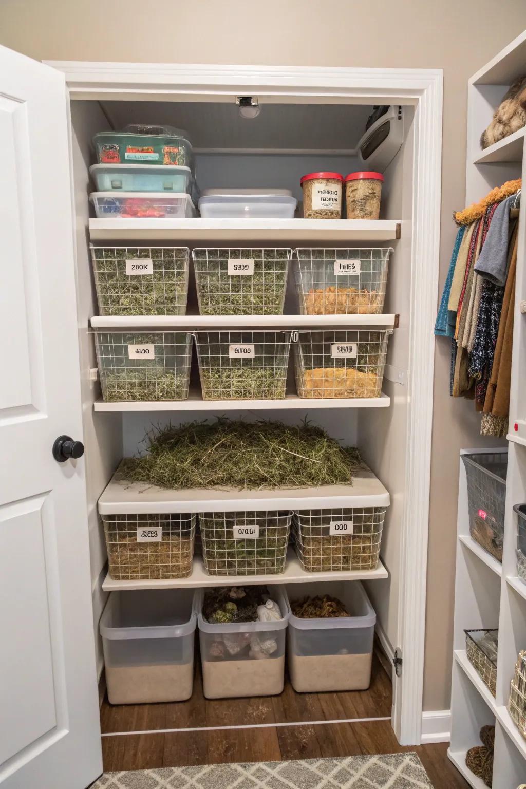 A closet changed into a rabbit supply station using custom shelving.