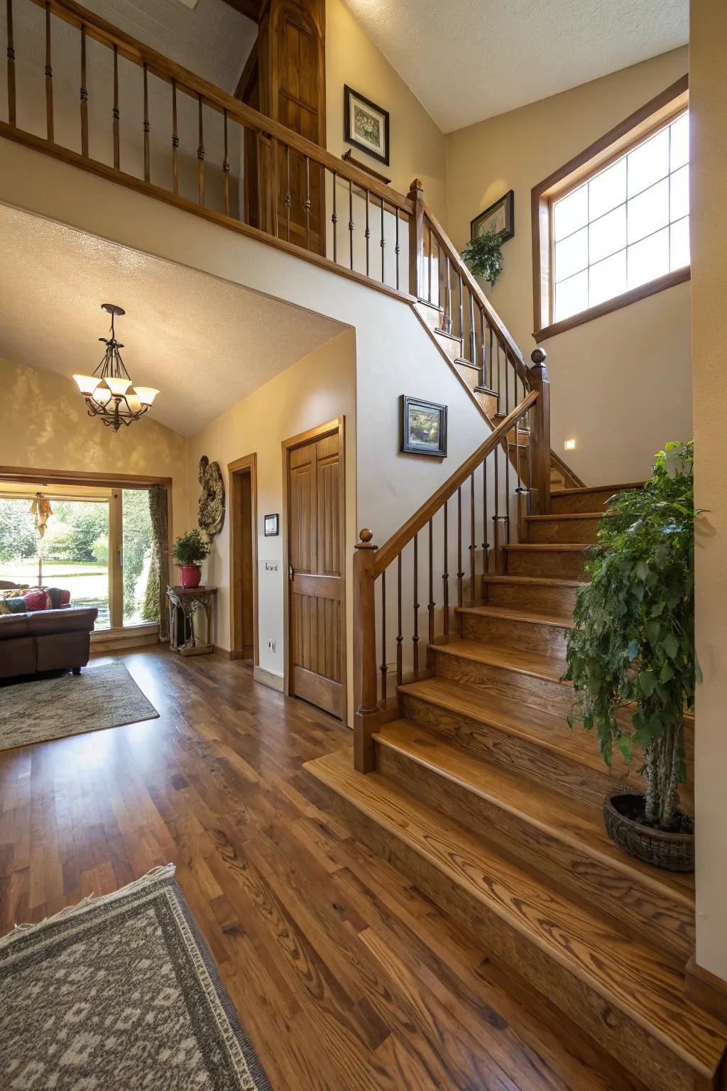 Warm wood elements like flooring and staircases add a cozy touch to the entryway.