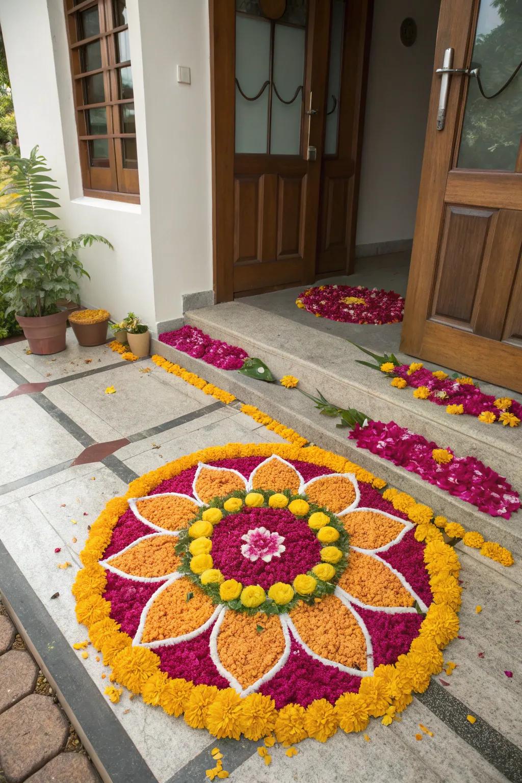 Floral petals create a soft and aromatic rangoli, enhancing Diwali's festive atmosphere.