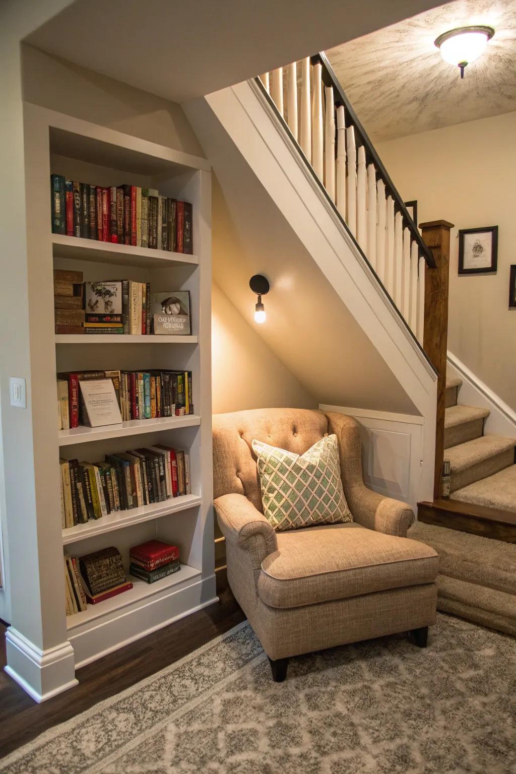 Utilize the space under the stairs for a secret reading corner.