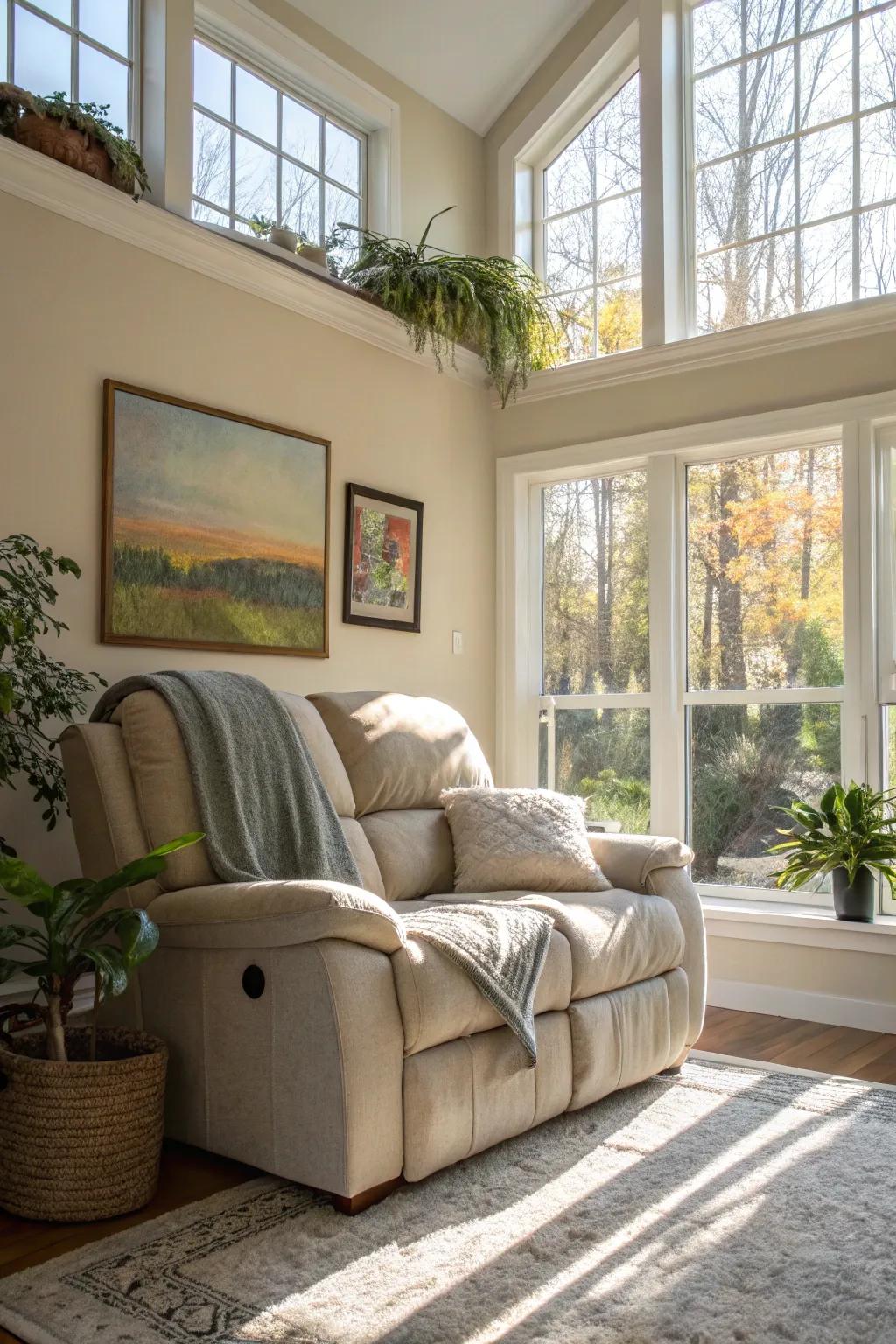 A bright living room with a recliner sofa basking in natural light.