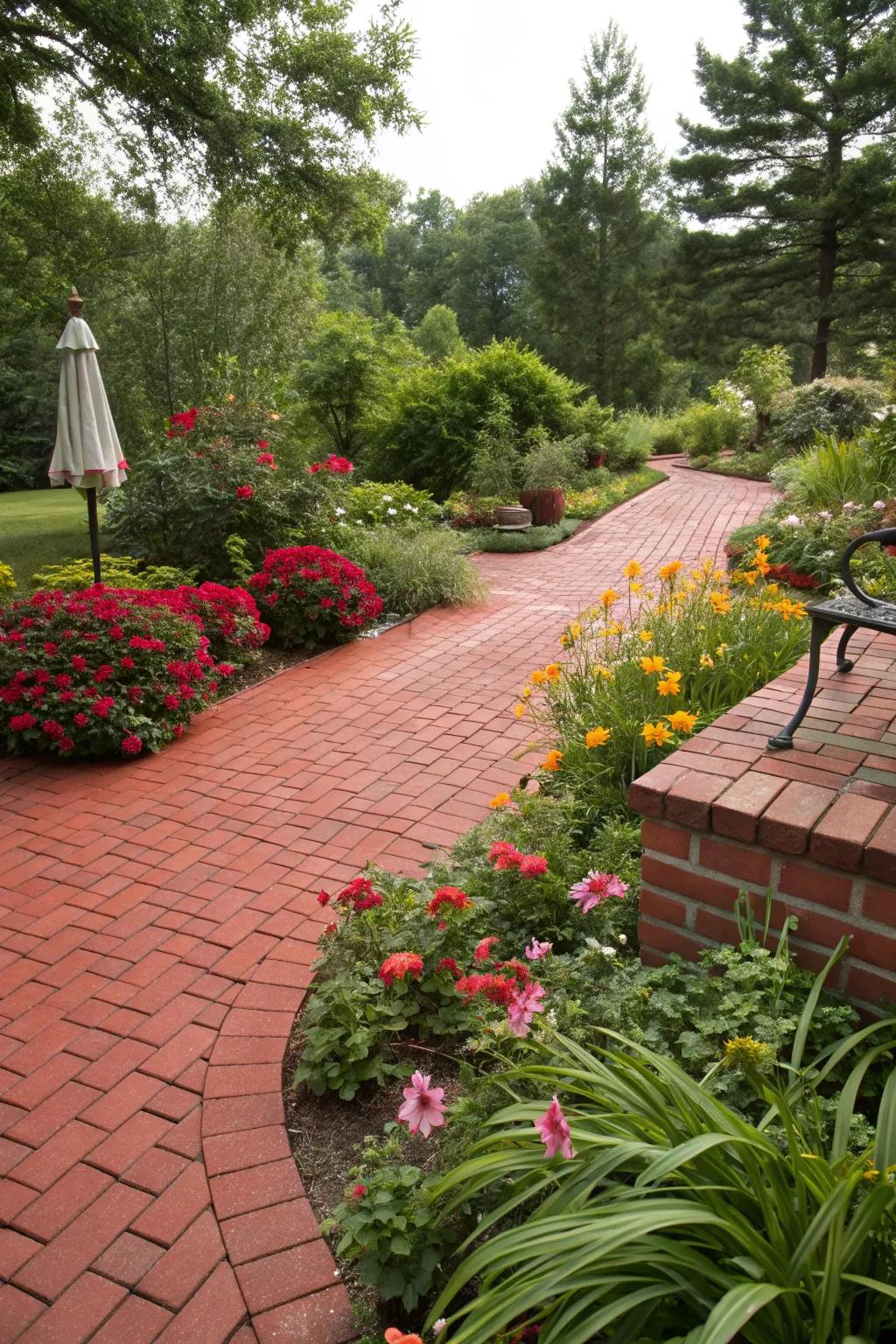 A red brick patio enhanced by vibrant garden greenery