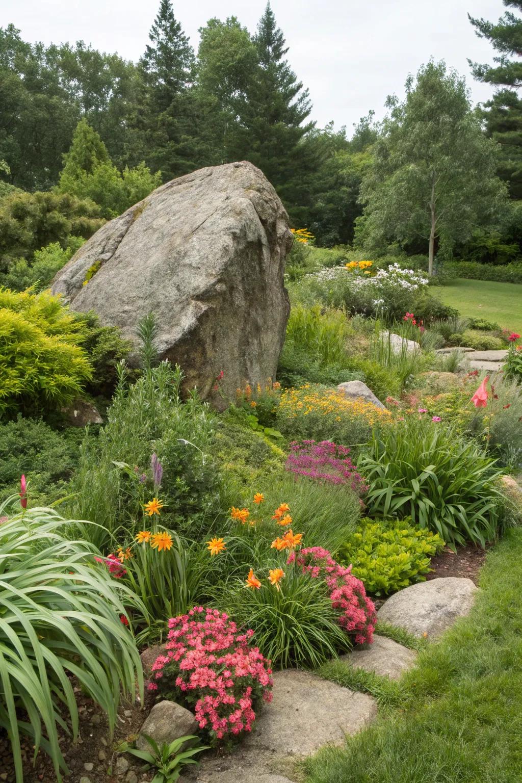 An accent rock serves as an artistic centerpiece in the garden.