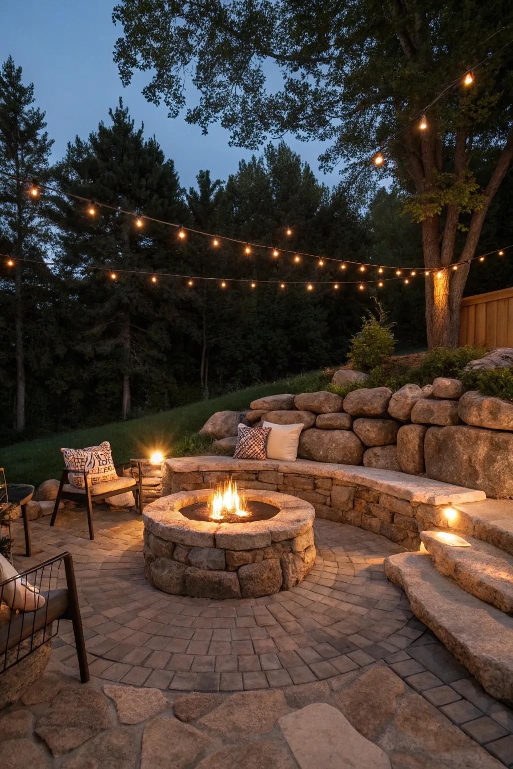 A cozy fire pit area with rock wall seating perfect for evening gatherings.