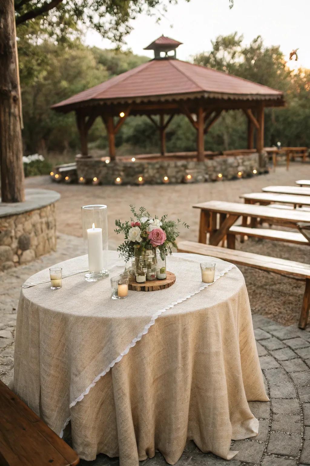 Homespun allure featuring a hessian tablecloth at an outdoor wedding.