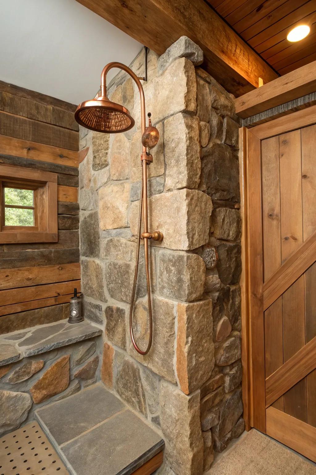 Copper fixtures blend seamlessly with rustic materials.