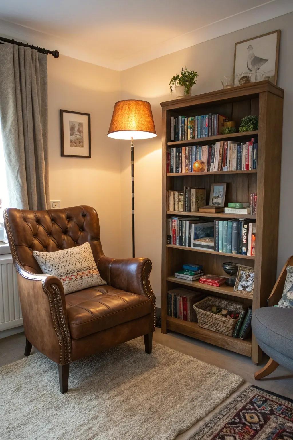 A riding seat chair creates an ideal nook for unwinding with a book.