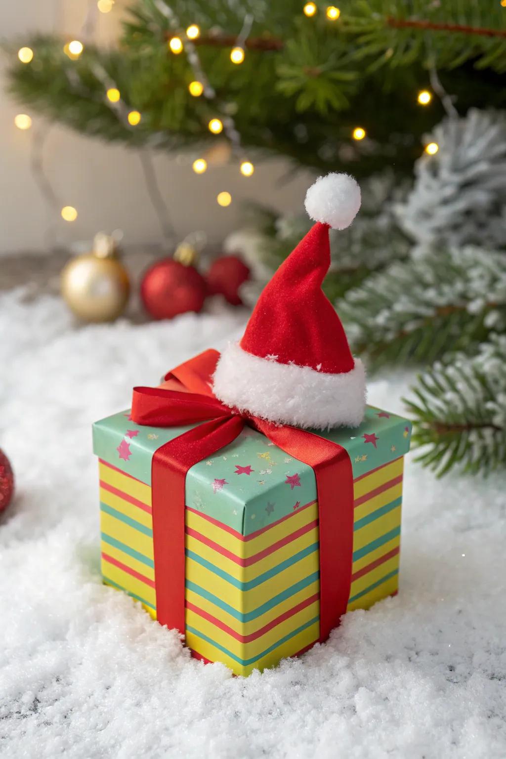 A Santa hat topper adds whimsical charm to any gift box.