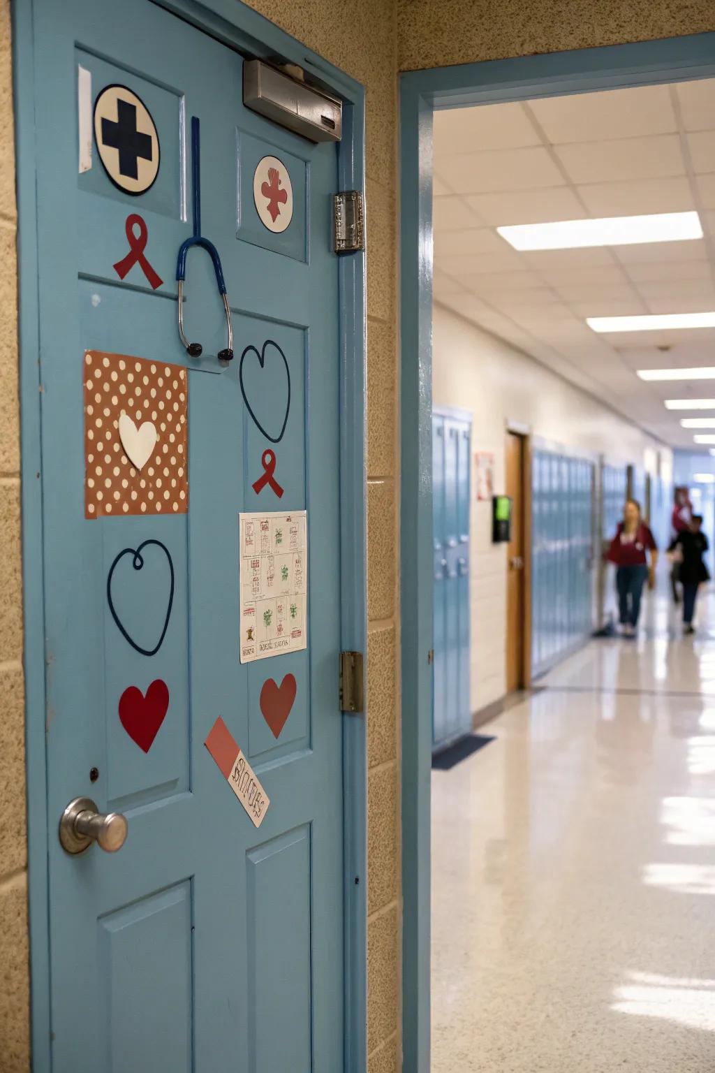 A school nurse door featuring medical symbols for a health-focused theme.