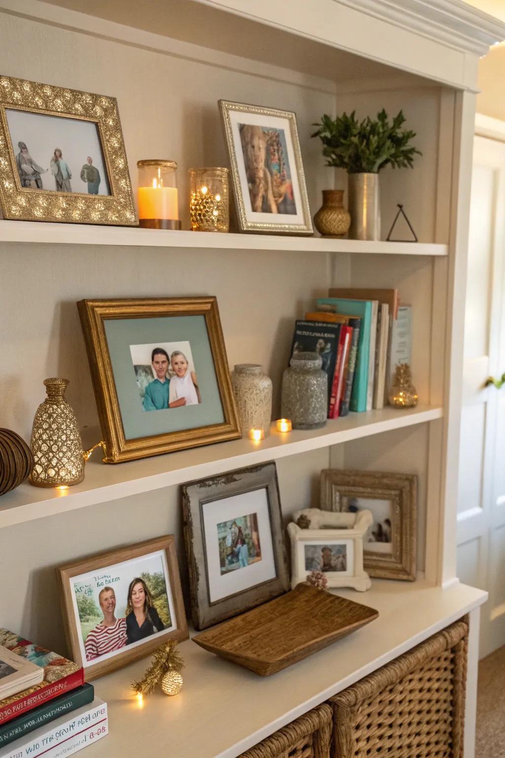 Framed family photos add a personal touch to your shelf display.