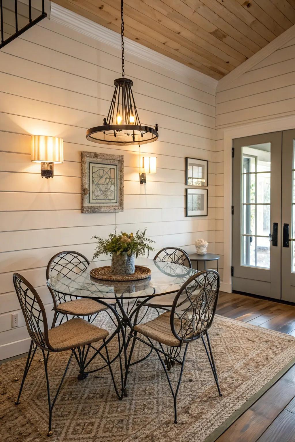 A dining room blending modern elements with rustic shiplap walls.