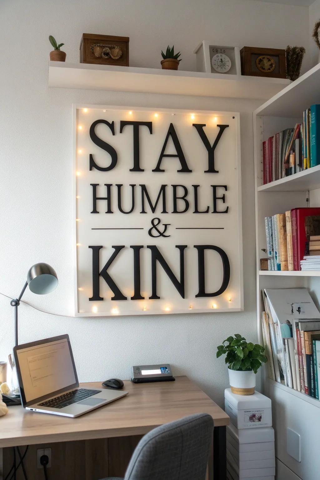 A home office wall with an inspirational quote sign reading 'Stay humble & kind'.