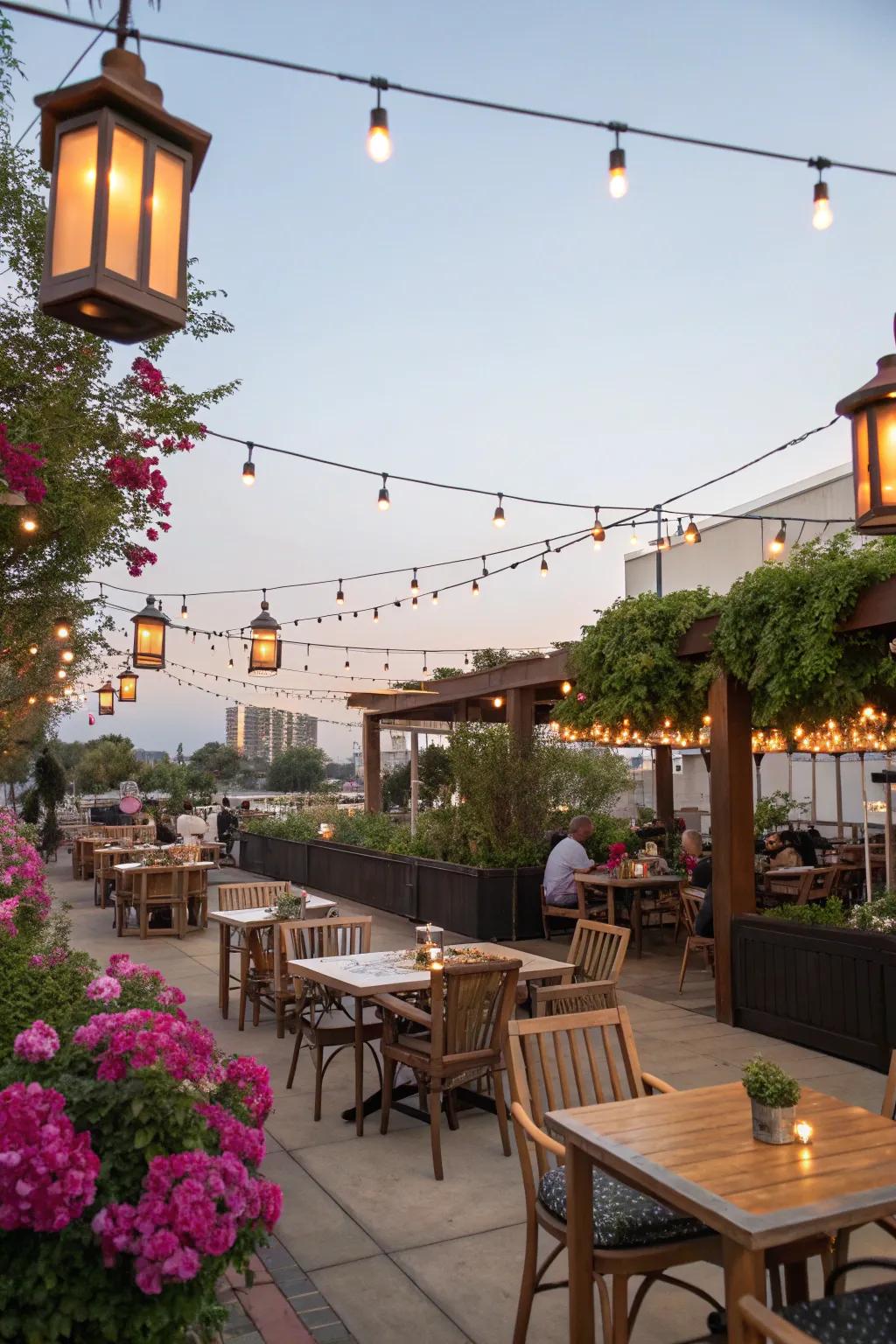 Outdoor seating becomes inviting with the right lighting.