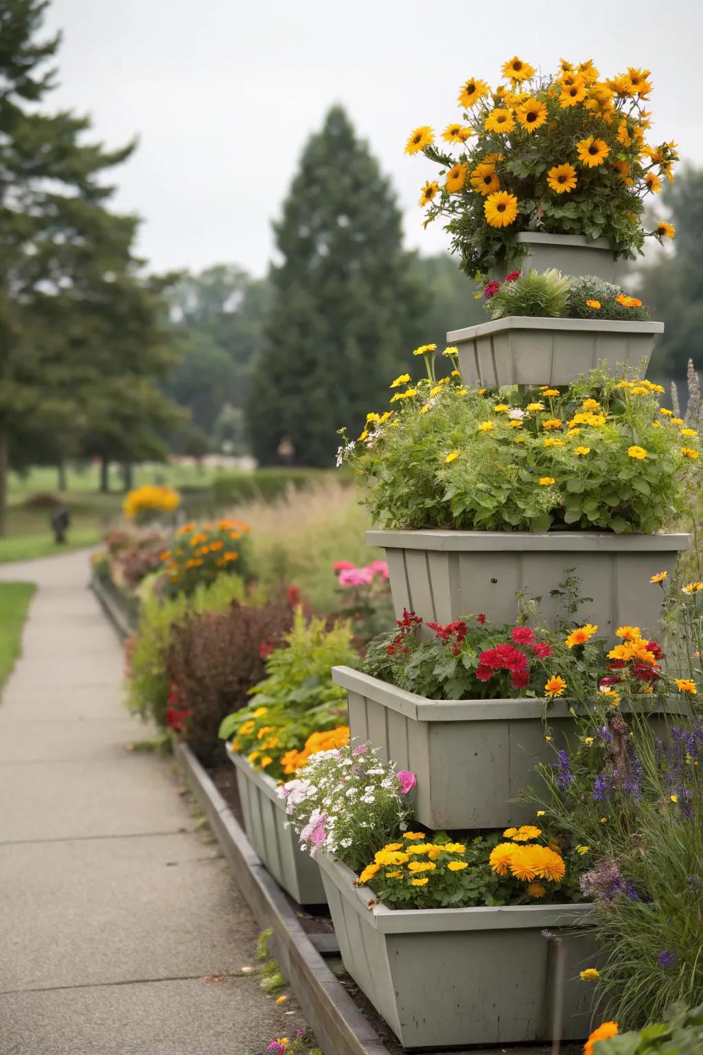 Raised planters adding dimension to a garden landscape.