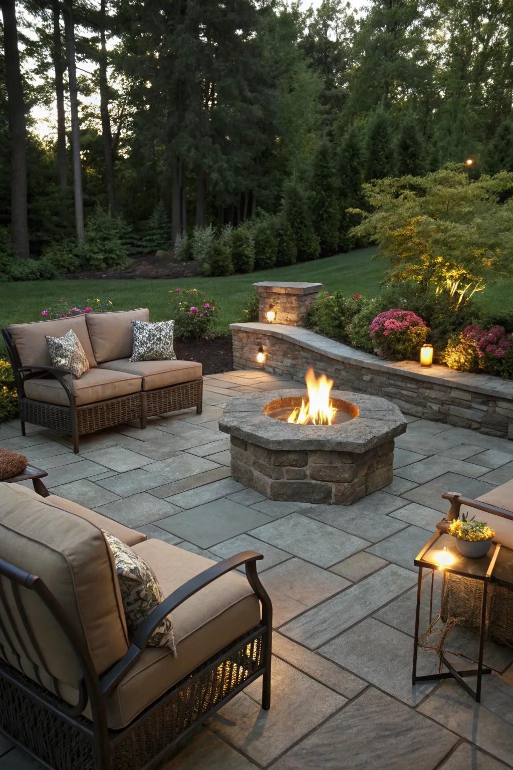 A slate patio featuring a warm and welcoming central fireplace.