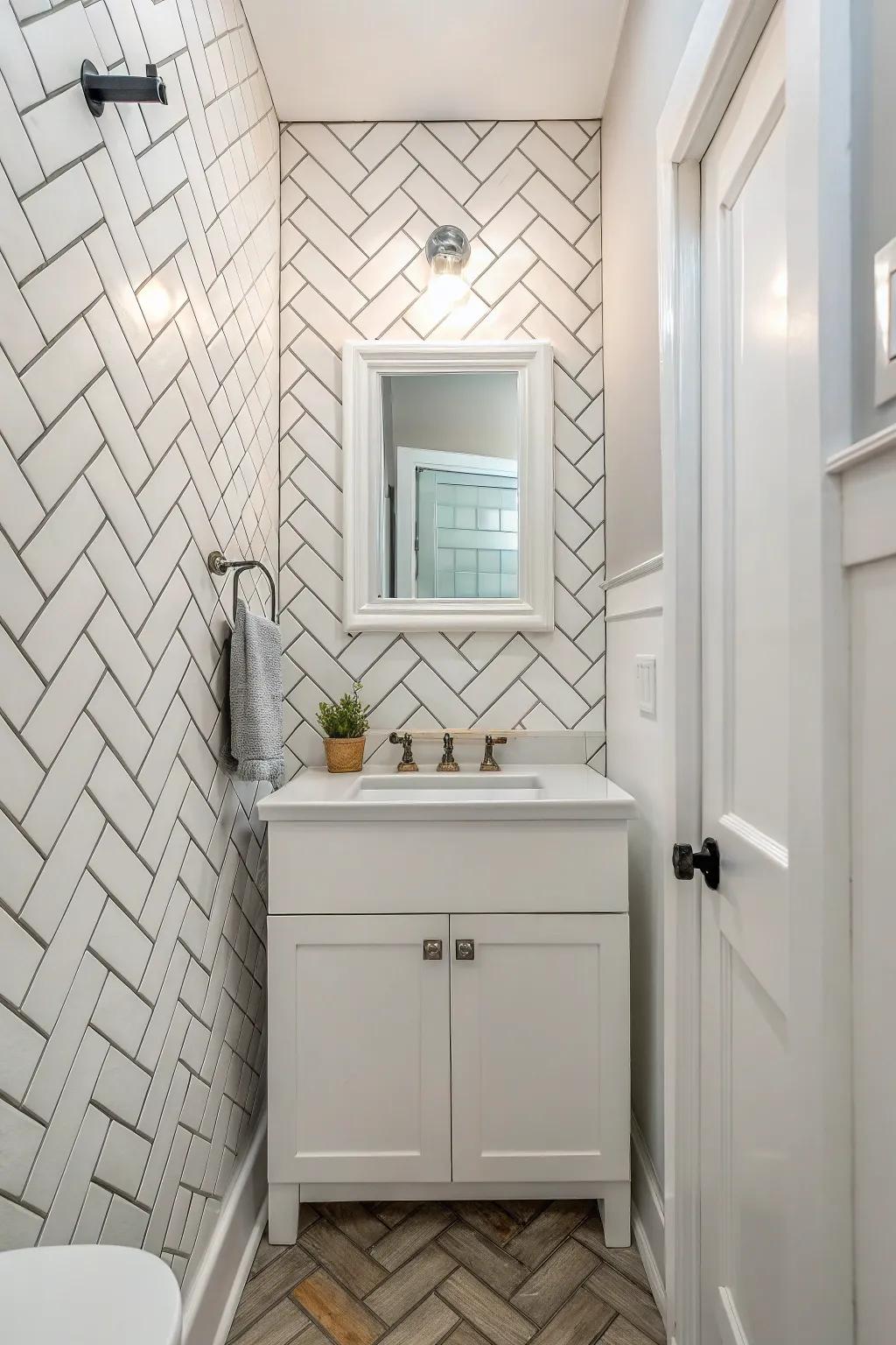 Subway tiles in a herringbone pattern bring classic elegance.