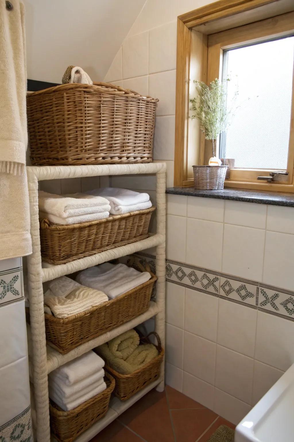 Baskets provide a rustic yet organized storage solution.