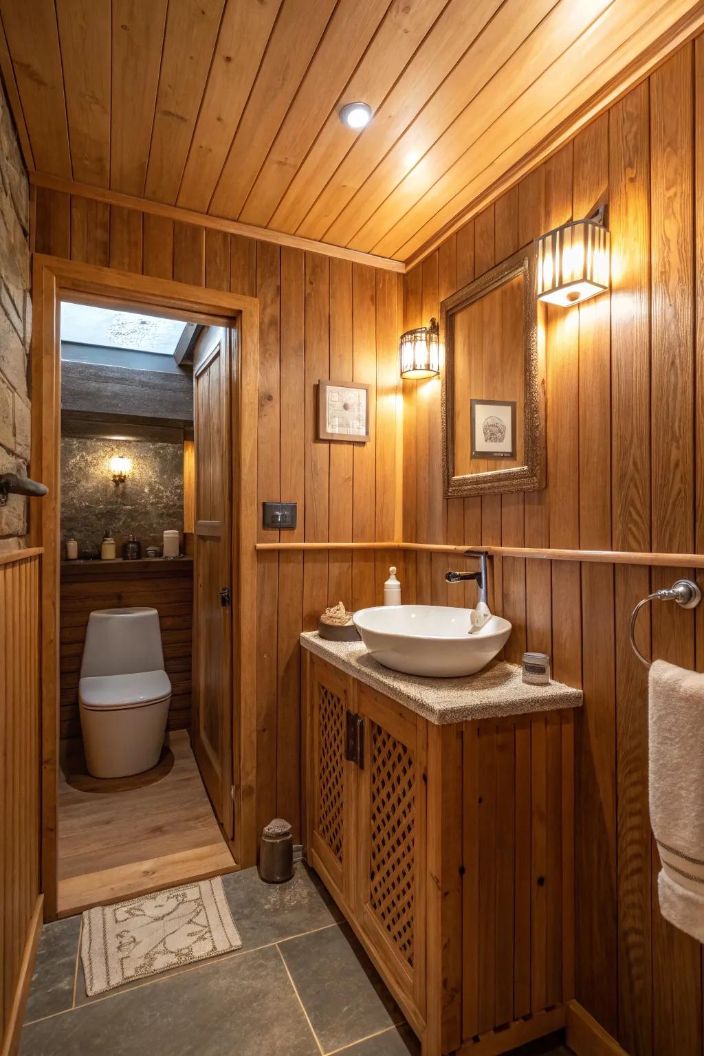 Timber paneling in a compact bathroom, heightening warmth and a tranquil atmosphere.
