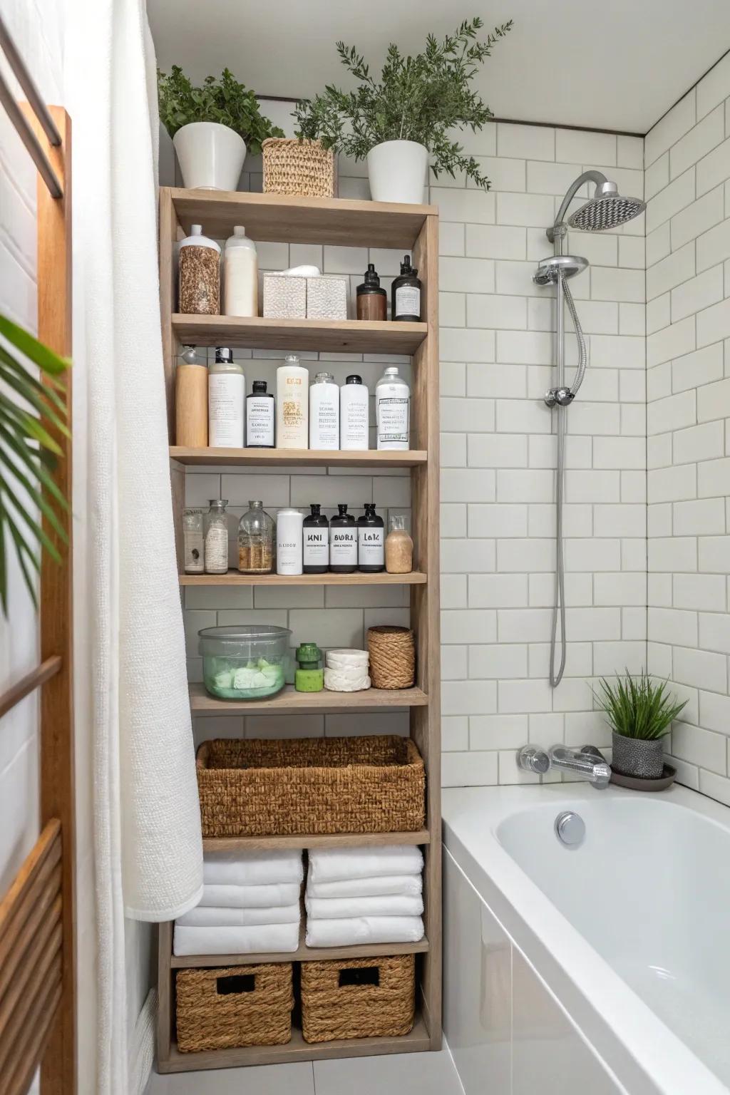 Vertical storage maximizes space while maintaining style.