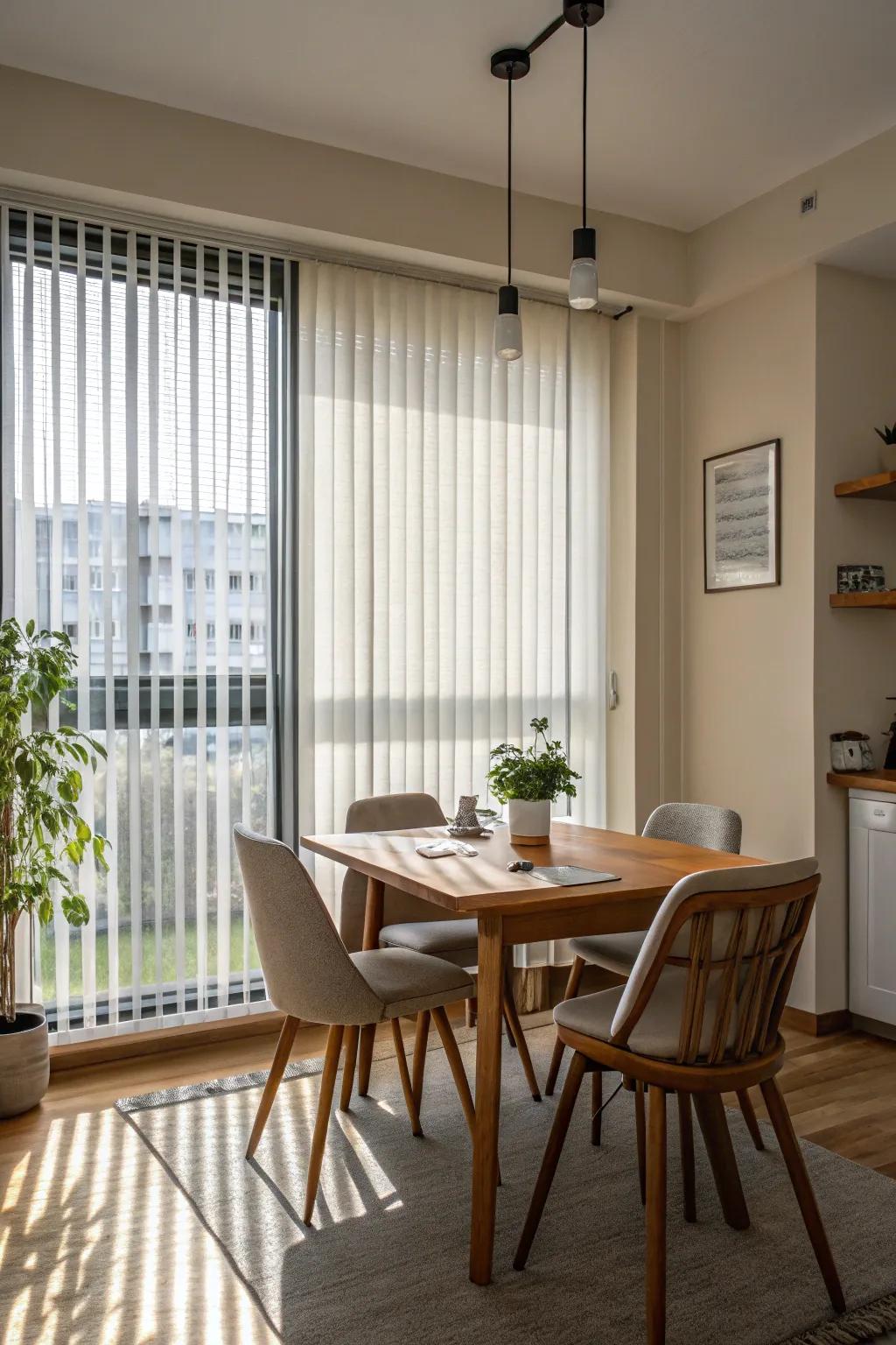 Vertical blinds add a sleek, modern touch to larger windows.