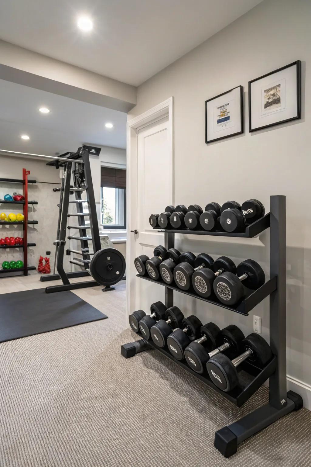 A storage rack for dumbbells keeps your small gym tidy and organized.