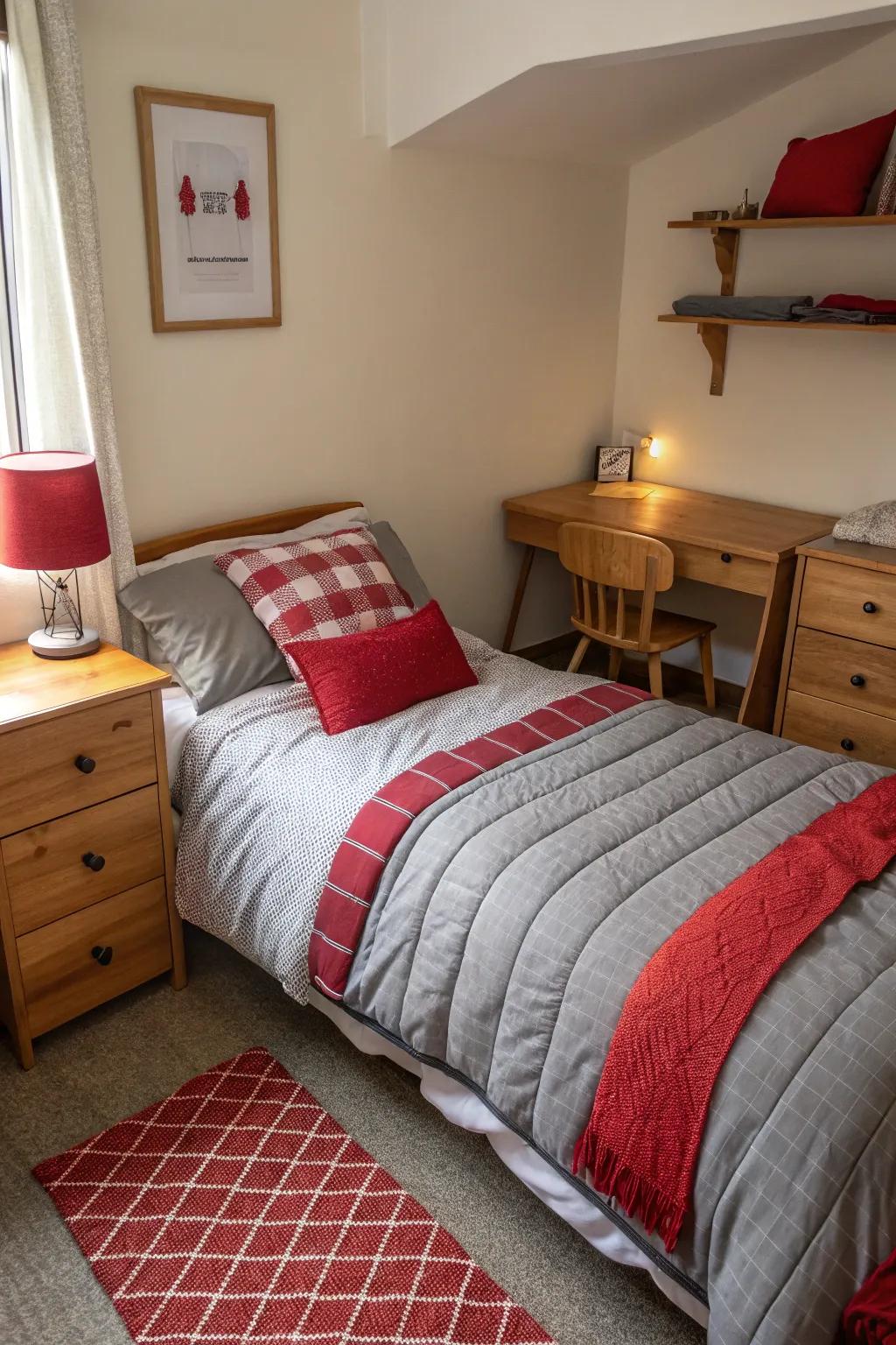 A cozy bedroom featuring layered red and grey bedding that adds texture and warmth.