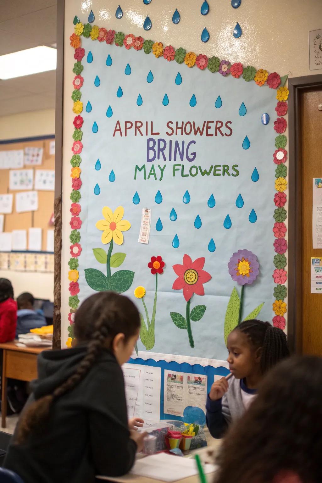 A cheerful bulletin board with raindrops and blooming flowers symbolizing renewal.