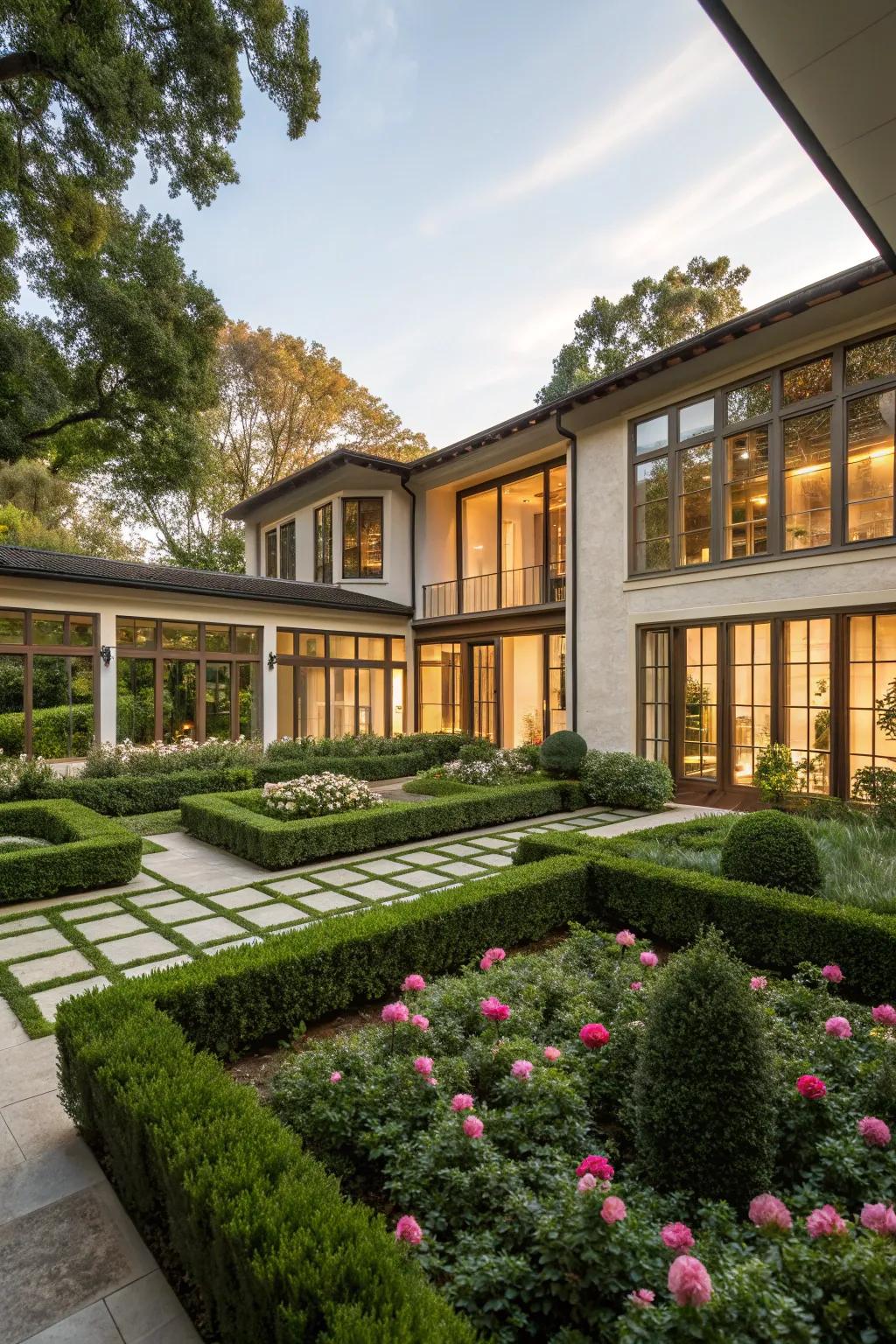 A peaceful central courtyard nestled within a square-shaped residence.