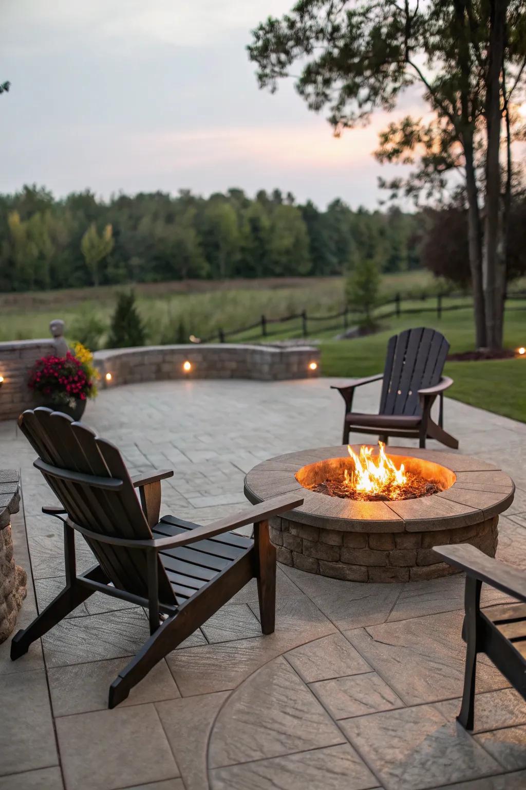 A central fire pit adds charm and warmth to the patio.