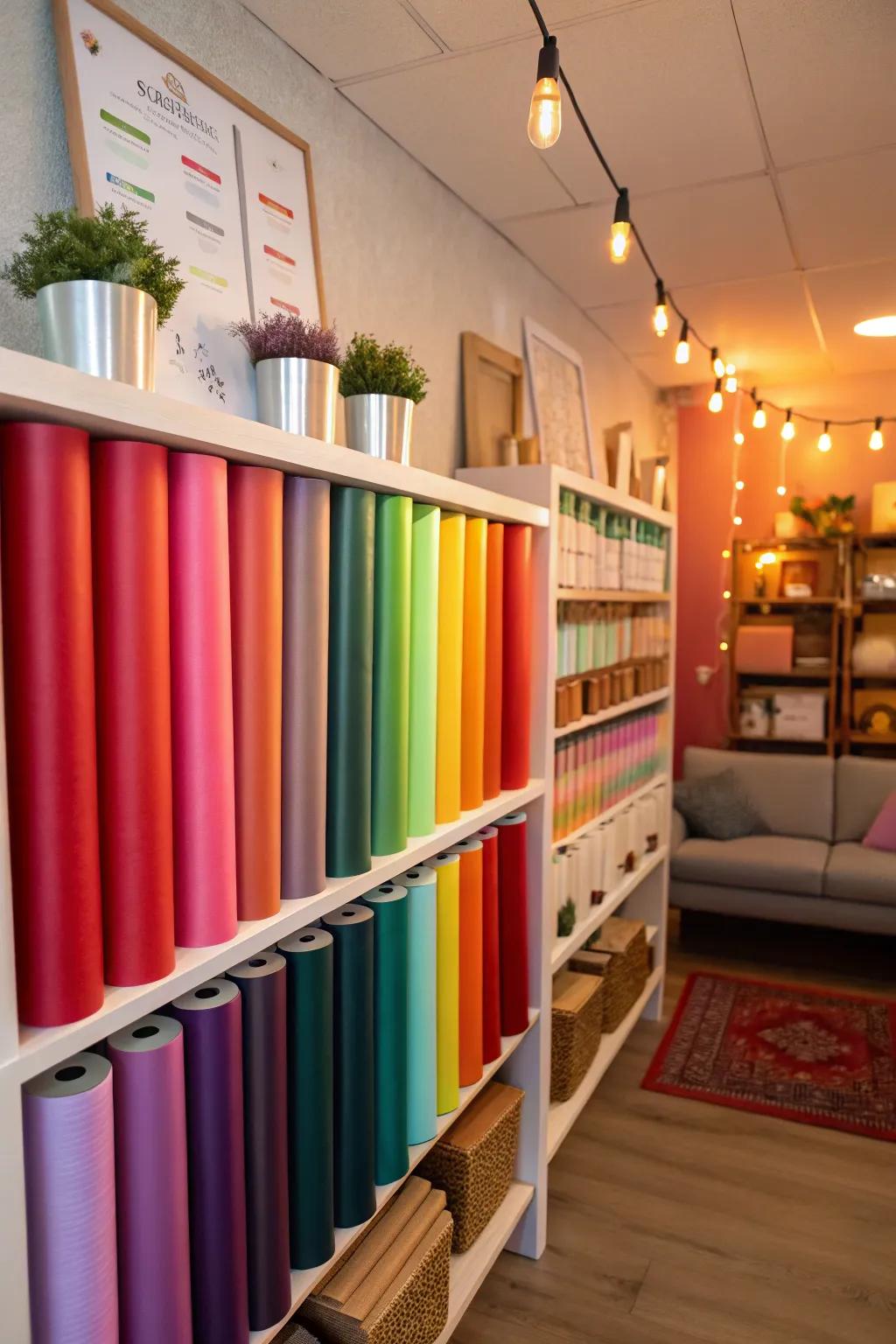 Color-coded arrangement makes finding the right vinyl roll simple.