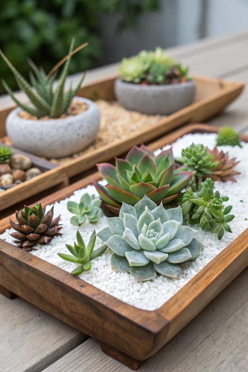 A zen-inspired succulent garden with gravel.