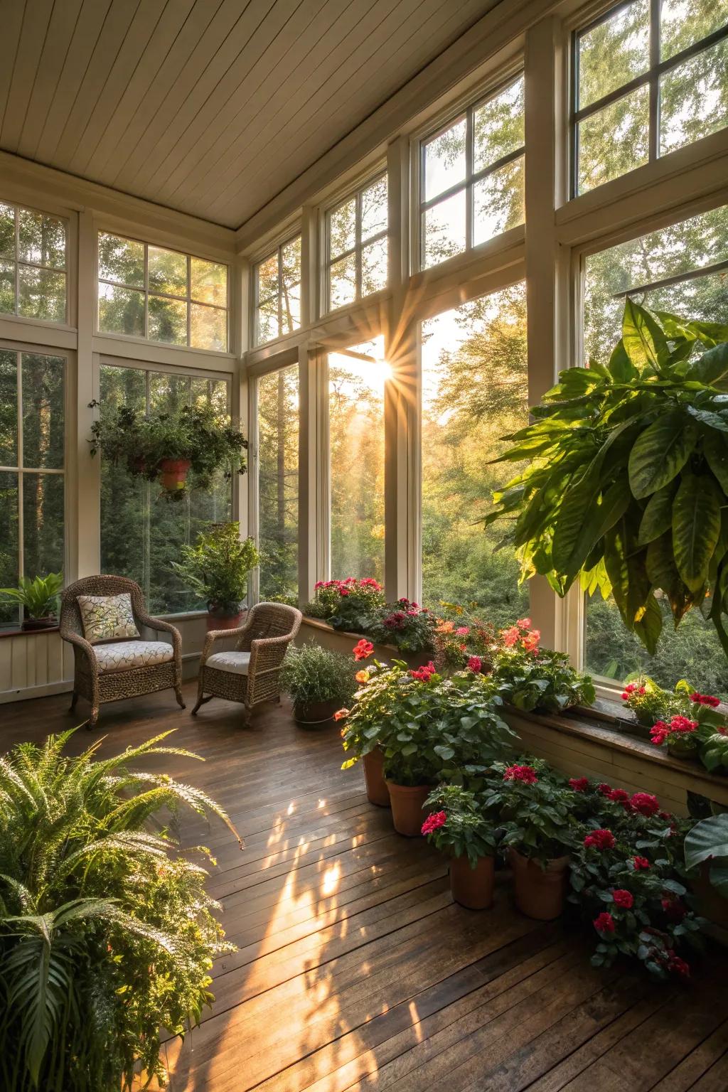 Lush greenery brings the outdoors inside, enhancing the sunroom's natural feel.