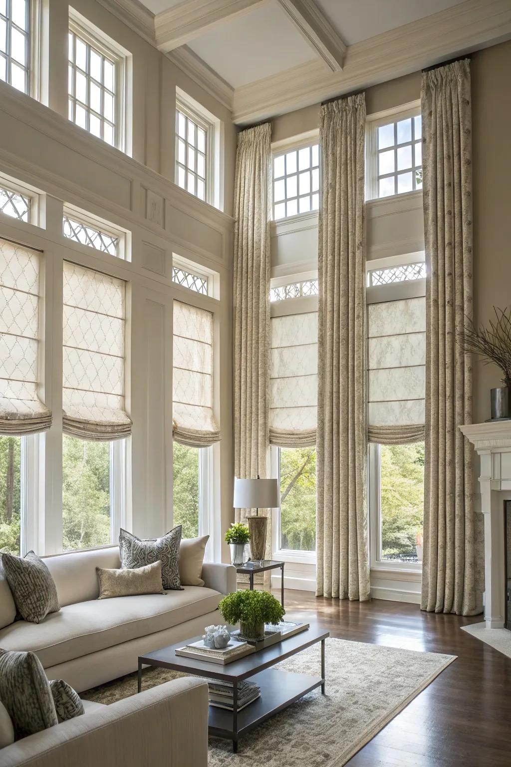 Roman shades impart a hint of sophistication to towering windows.