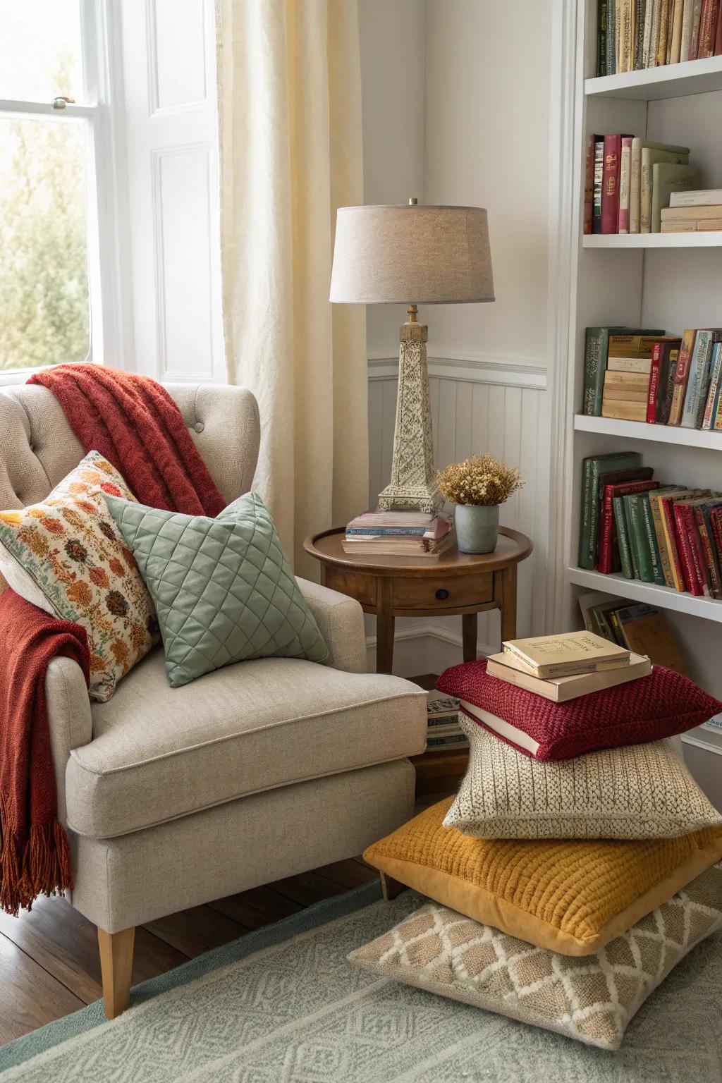 A carefully layered assemblage of accent pillows establishing a snug and inviting reading area.
