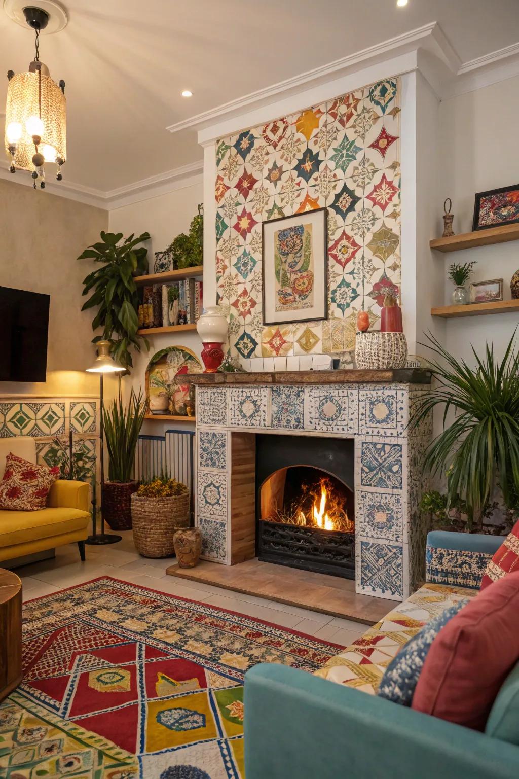 Daring patterns introduce vibrancy and individuality to this varied fireplace.