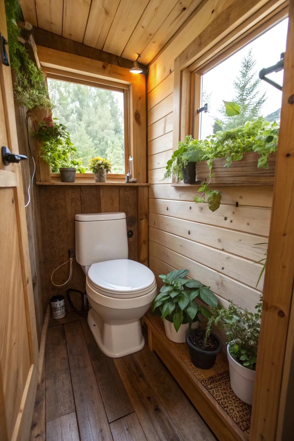 Eco-responsible composting toilet situated in a nature-inspired, small bathroom
