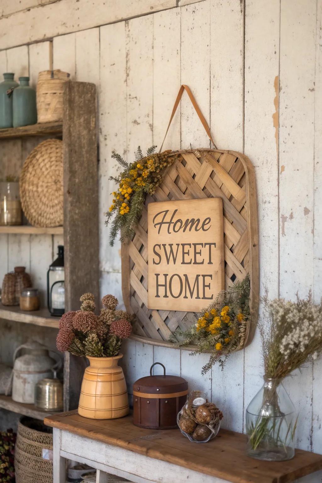 A welcoming touch with an inspirational sign in a tobacco basket.