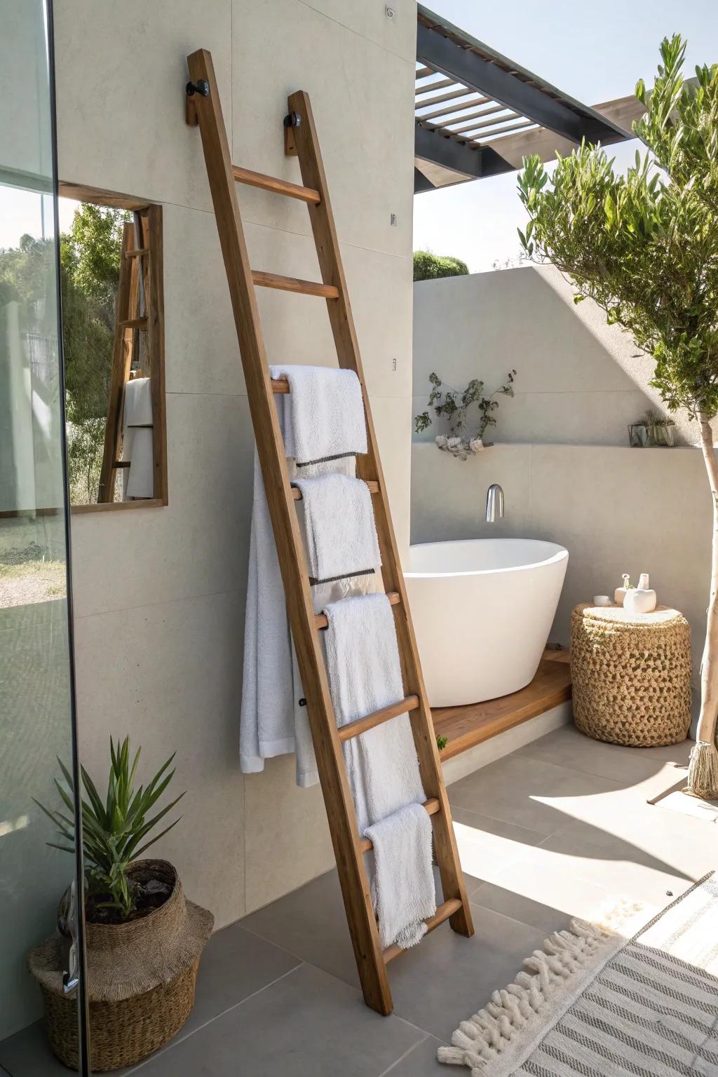 Ladders offer both form and function, perfect for a stylish towel display.