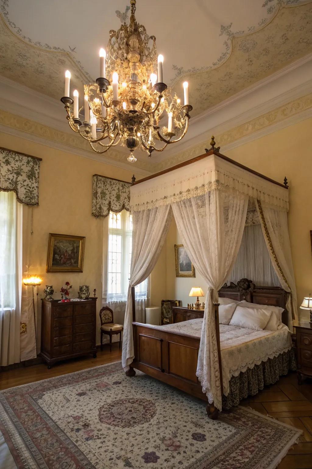 A chandelier brings a sense of grandeur to your sleeping quarters.