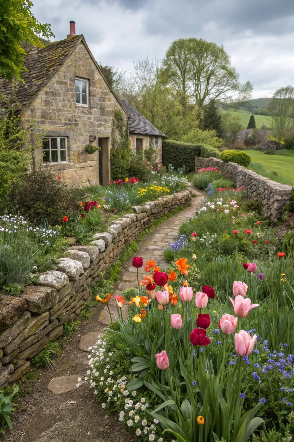 Cottage charm: Tulips in a naturalistic setting.